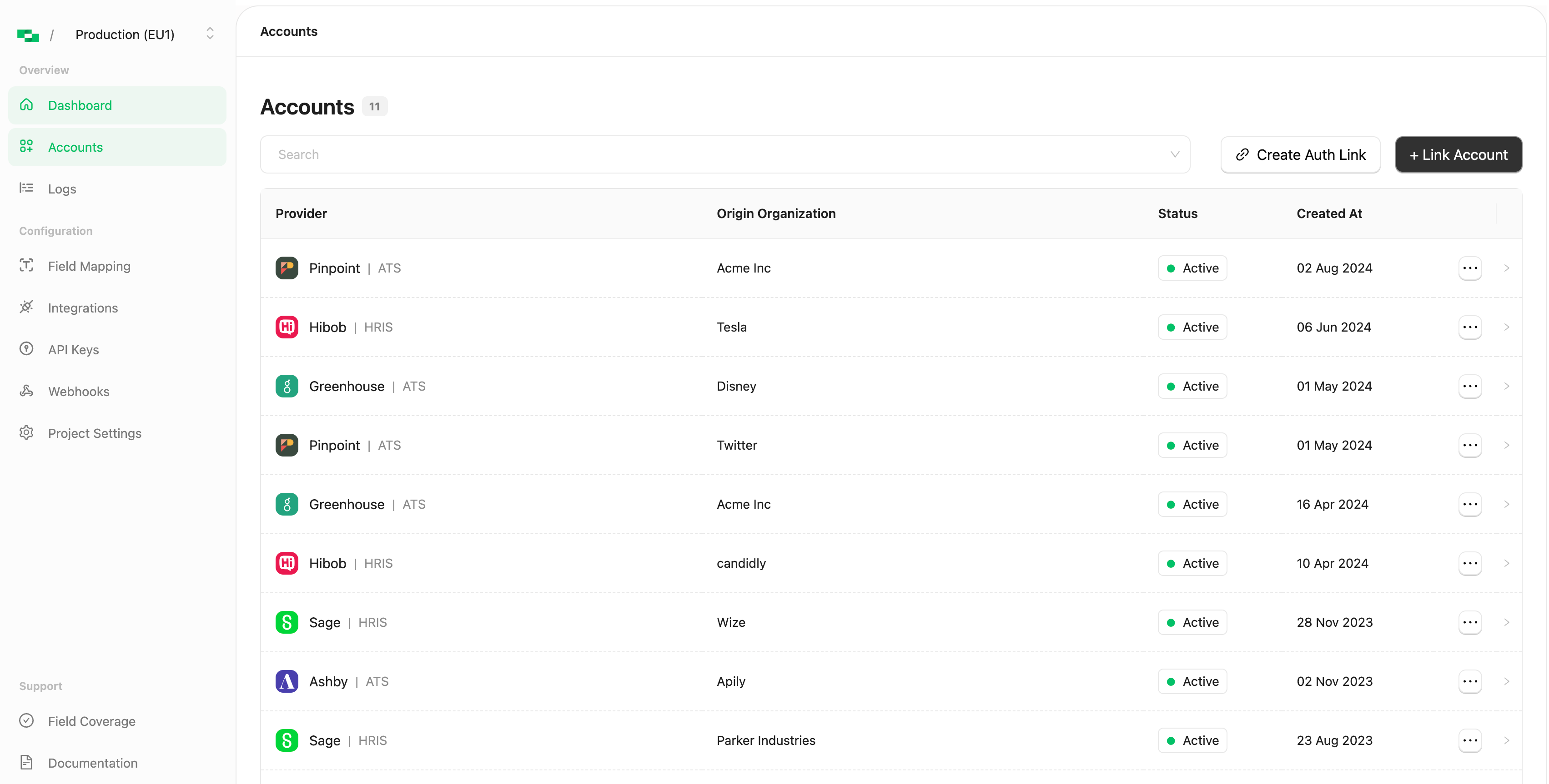 StackOne - deshboard - integrations